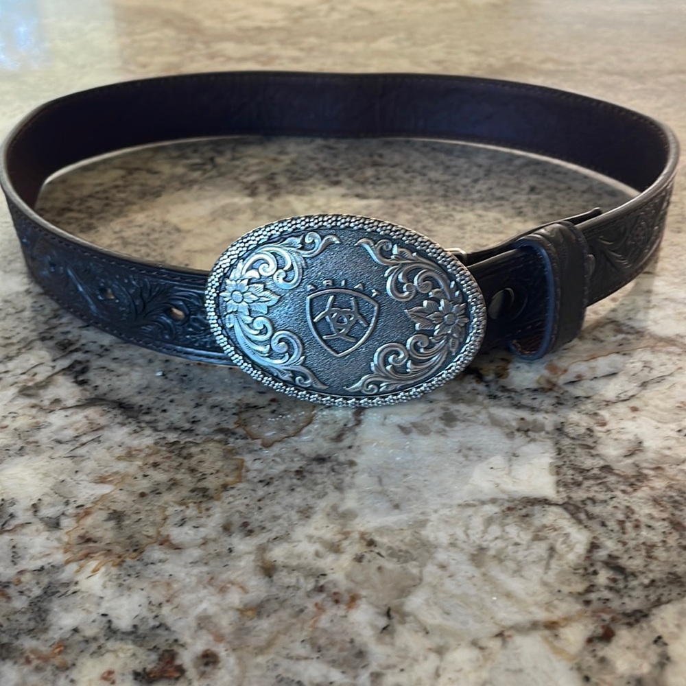 Brown leather belt 24 inch - by Arita silver buckle.